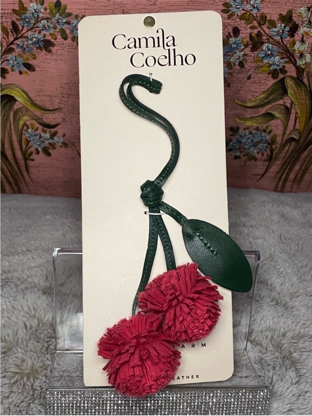Camila Coelho Red Pom-Pom Charm with Dark Green Leather Strap